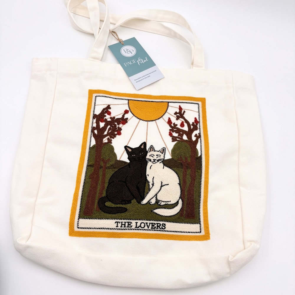 Page & Petal The Lovers Tarot Cat Dog Embroidered Canvas Tote Bag Cream New